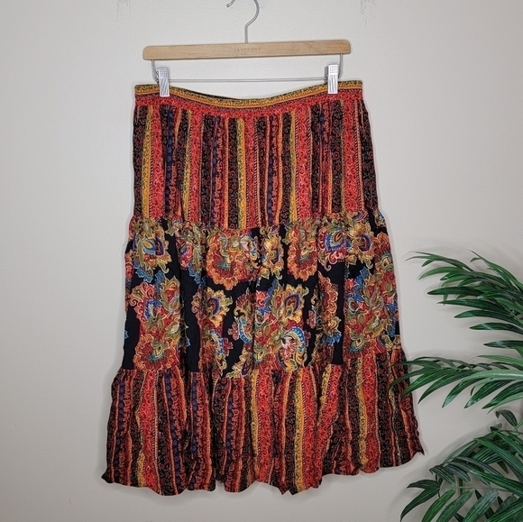 Vintage SK & Company | Tribal Mixed Print Elastic Pull-On Waist Midi Skirt - Picture 4 of 4